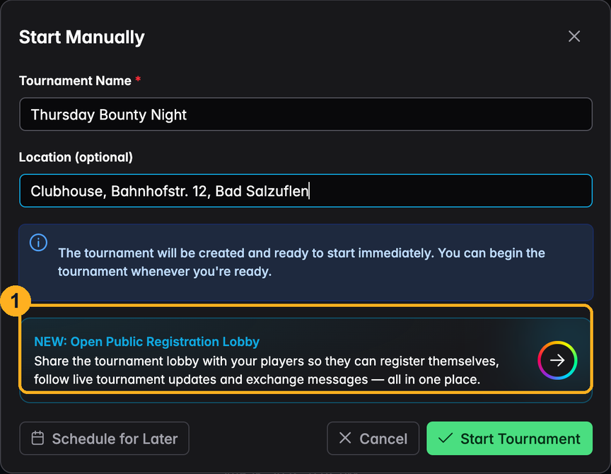 The Start Manually dialog with the Open Public Registration Lobby panel highlighted