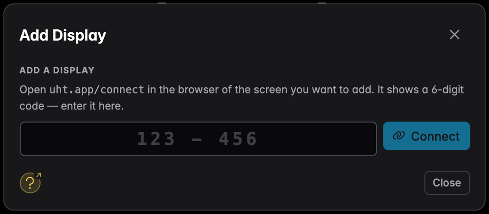 The Add Display dialog for a first display: a short explanation and the code field