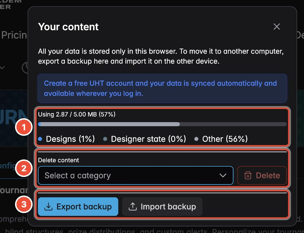 The Your content dialog with the usage meter, the delete-by-category selector and the backup buttons