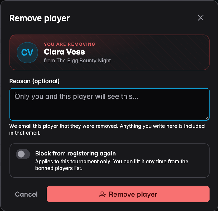 The Remove player dialog with an optional reason and the block-from-registering switch