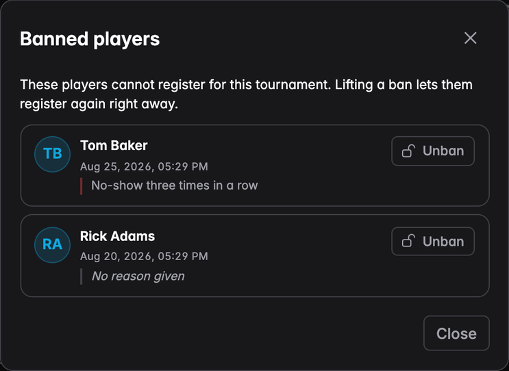 The Banned players dialog listing two blocked accounts with their reasons and an Unban button
