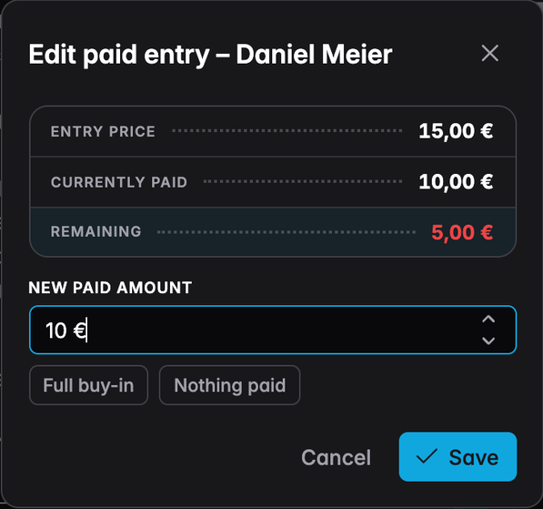 The Edit paid entry dialog showing entry price, currently paid, remaining and a new amount