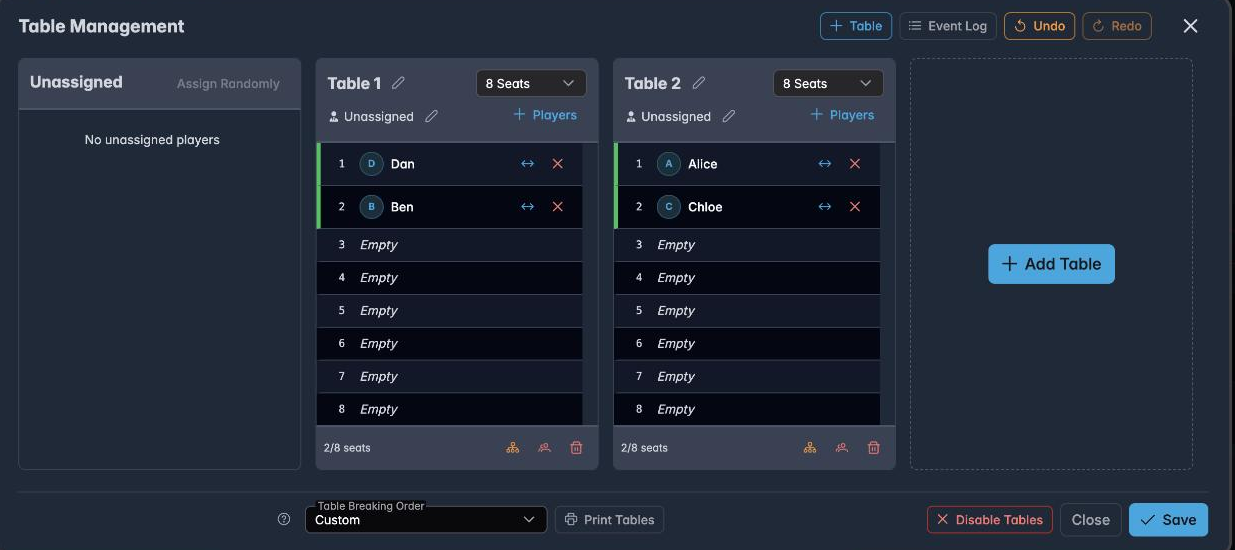 Two tables with two players each and no unassigned players