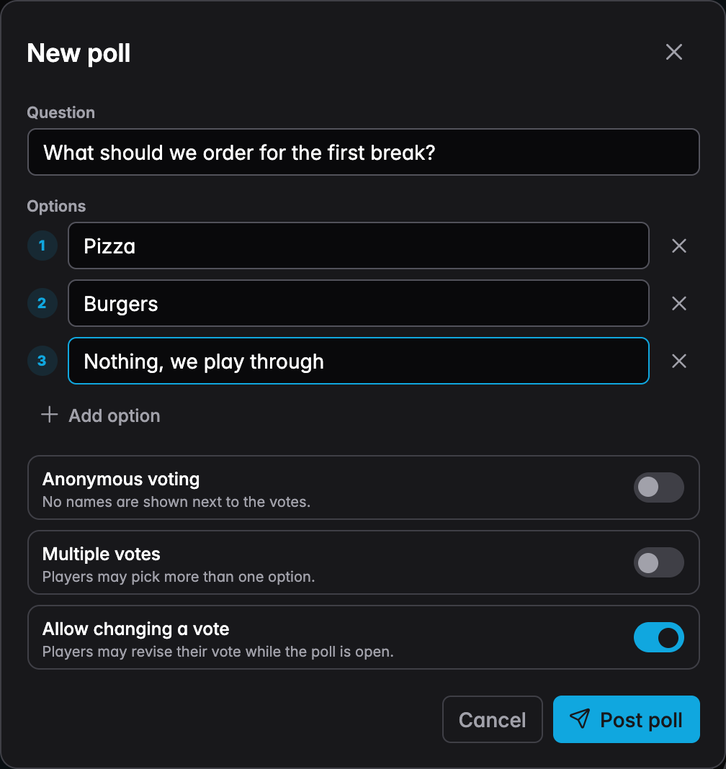The New poll dialog with a question, three options and the anonymous, multiple and allow-change switches