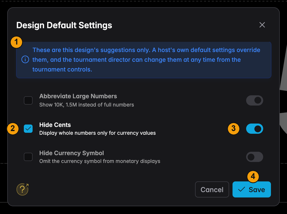 The Design Default Settings dialog with Hide Cents switched on